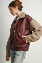 Load image into Gallery viewer, Wine Faux Leather Sherpa Jacket