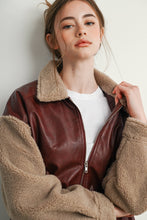 Load image into Gallery viewer, Wine Faux Leather Sherpa Jacket