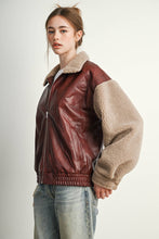 Load image into Gallery viewer, Wine Faux Leather Sherpa Jacket