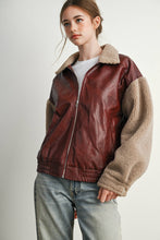 Load image into Gallery viewer, Wine Faux Leather Sherpa Jacket