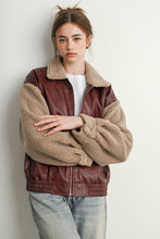 Load image into Gallery viewer, Wine Faux Leather Sherpa Jacket