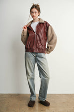 Load image into Gallery viewer, Wine Faux Leather Sherpa Jacket