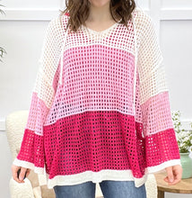 Load image into Gallery viewer, POL Oversize Pink Open Knit Color Block Dumpy Hood Sweater