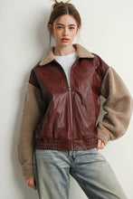 Load image into Gallery viewer, Wine Faux Leather Sherpa Jacket
