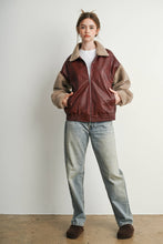 Load image into Gallery viewer, Wine Faux Leather Sherpa Jacket
