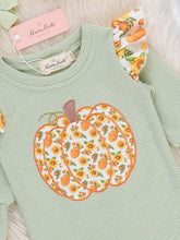 Load image into Gallery viewer, Sage Floral Pumpkin Ruffle Romper
