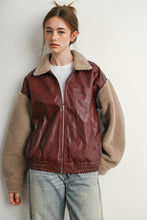 Load image into Gallery viewer, Wine Faux Leather Sherpa Jacket
