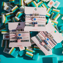 Load image into Gallery viewer, "Mahjong" Themed in Pink, Green &amp; Blue with Lotus &amp; Tile Accent Hair Tie Bracelets
