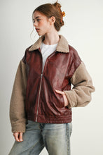 Load image into Gallery viewer, Wine Faux Leather Sherpa Jacket

