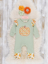 Load image into Gallery viewer, Sage Floral Pumpkin Ruffle Romper

